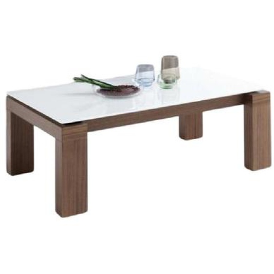 Table basse relevable 105 x 55 cm ARMONIA pieds noyer plateau verre blanc