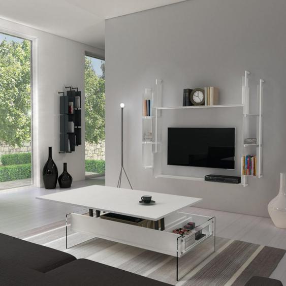 Table basse relevable Blanc Mat BELLA 110x70cm piétement en verre