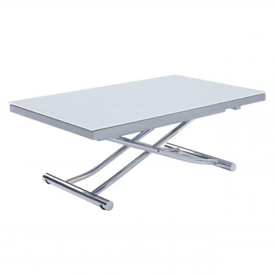 Table basse relevable et extensible NEWJUMP verre blanc pied chromé