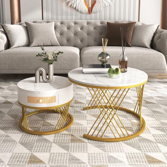 Table Basse Ronde 2 En 1 70×70×45,5+50×50×38,5 Cm, Table Dappoint Marbre Grain Et Tiroirs En Plastique Rotin, Table Basse,