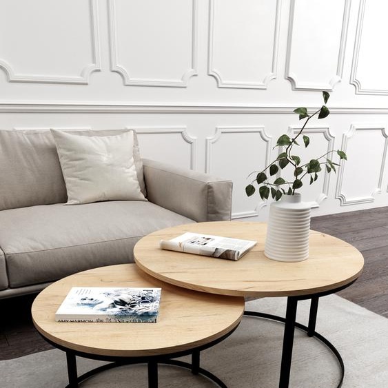 Table basse ronde 2 en 1 MIA Table basse Salon (noir et chêne doré)