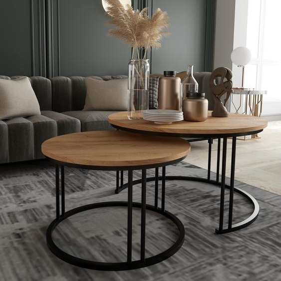 Table basse ronde 2 en 1 ROXY Table basse Salon (noir et chêne doré)