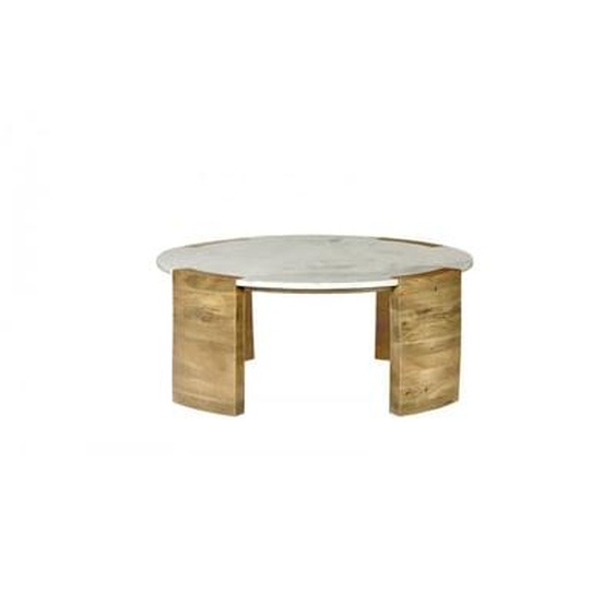 Table basse ronde D.85 cm TORVI plateau marbre et pieds bois massif de manguier clair