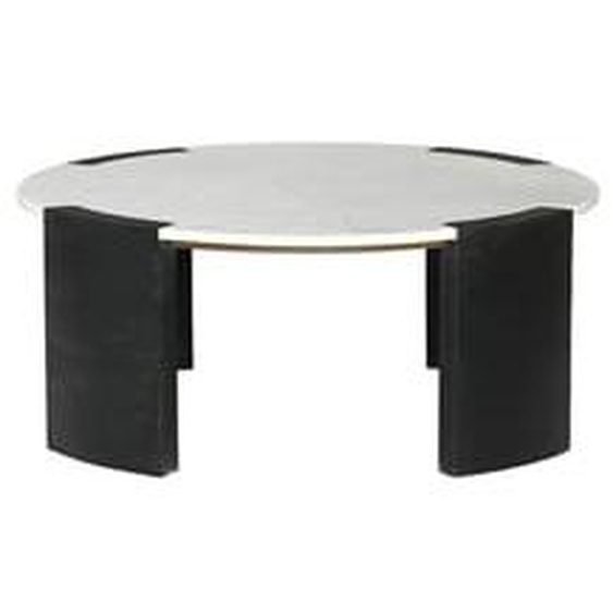 Table basse ronde D.85 cm TORVI plateau marbre et pieds bois massif de manguier noir