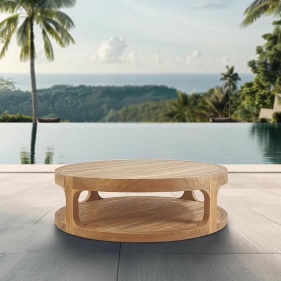 Table basse ronde de jardin en teck massif 120x120x35 cm deux plateaux (NATOFTB120120R)