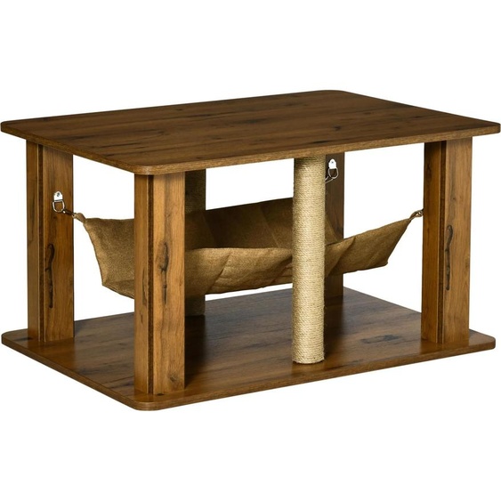 Table basse/table de salon pour chats - Meubles pour chats - Hamac - 2 griffoirs - Tablette inférieure - Bois - 79×59×45,5 cm - Marron
