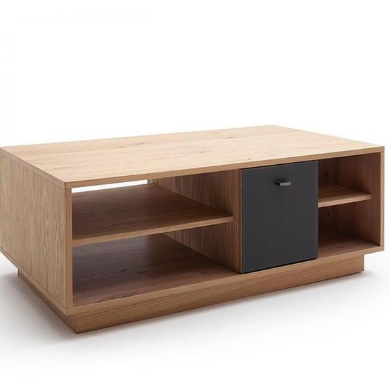 Table basse VALERIA 2 portes 4 compartiments poutre chêne Bianco verre satine anthracite