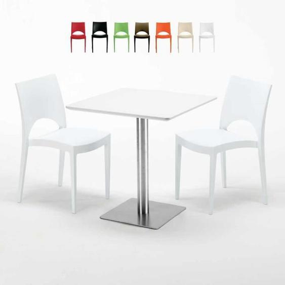 Table carrée blanche 70x70 avec pied en acier et 2 chaises colorées Paris Strawberry, Couleur: Blanc