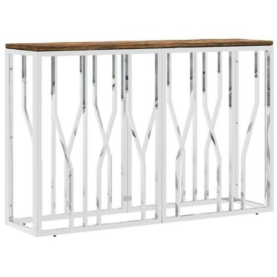 Table console d entree fonctionnel et style en acier inoxydable argente et bois massif de recuperation DEC031597