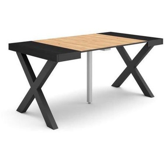 Table console extensible, 160, Pour 8 personnes, Pieds bois massif, Noir et chêne, RF2750