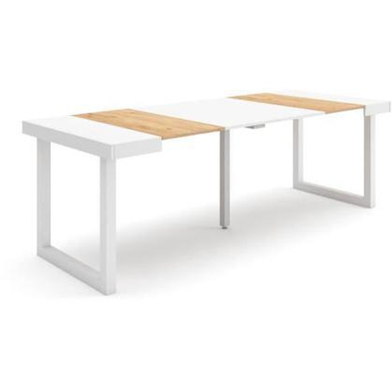 Table console extensible, 220, Pour 10 personnes, 222x90x72,6cm, Pieds bois massif, Chêne et blanc, RF2975