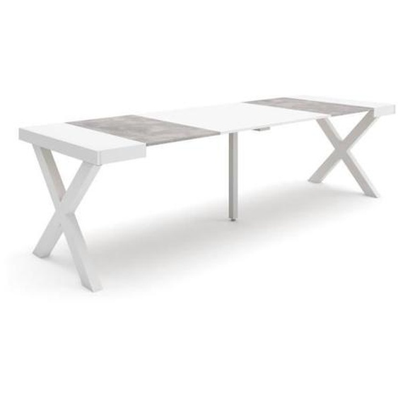 Table console extensible, 260, Pour 12 personnes, 262x90x72,6cm, Pieds bois massif, Blanc et ciment, RF2815