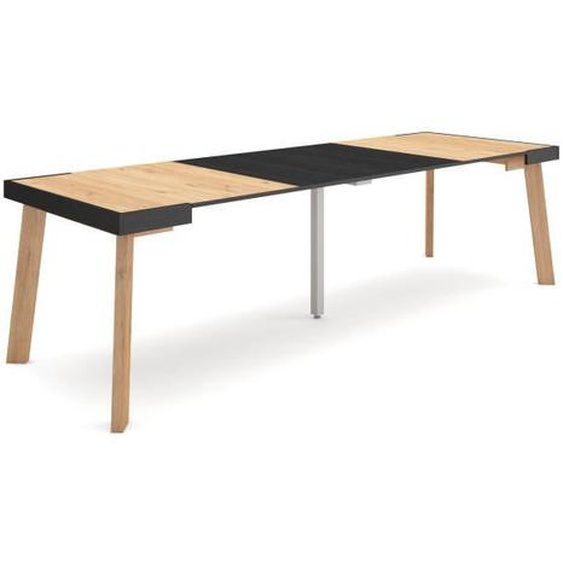 Table console extensible, 262x90x73cm, pour 12 personnes, pieds en bois, chêne et noir, RF3083