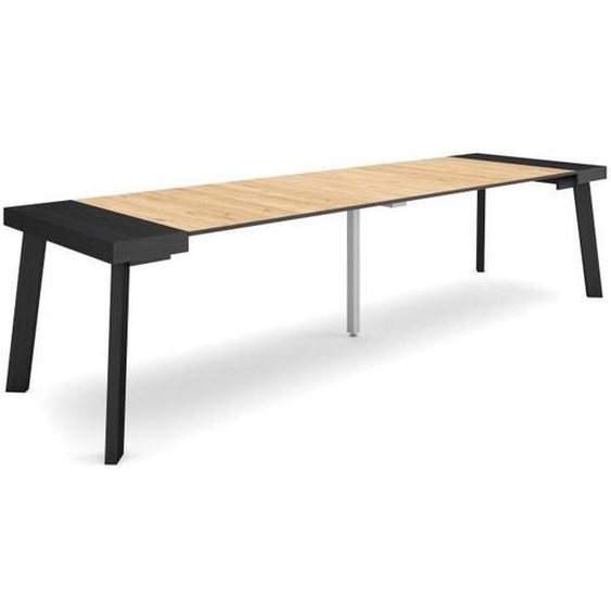 Table console extensible, 300, couleur Noir et chêne, Pour 14 personnes, Pieds en bois, RF3053