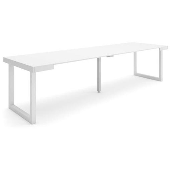 Table console extensible, 302x90x73cm, pour 14 personnes, pieds bois massif, blanc, RF2969
