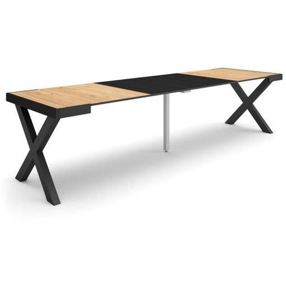 Table console extensible, 300, Pour 14 personnes, Pieds bois massif, Chêne et noir, RF2835