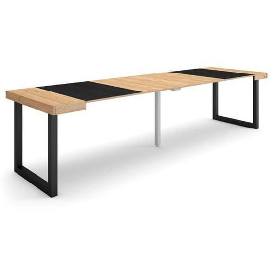 Table console extensible, 302x90x73cm, pour 14 personnes, pieds bois massif, chêne et noir, RF2948