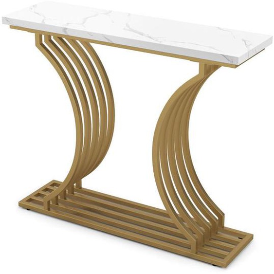 Table console imprimee marbre 100 x 29,5 x 80,5 cm (l x l x h) cadre en metal dore style scandinave moderne blanc