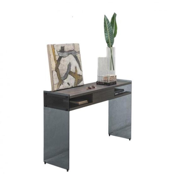 Table console MAYA coloris Ardoise noyer piétement en verre fumé