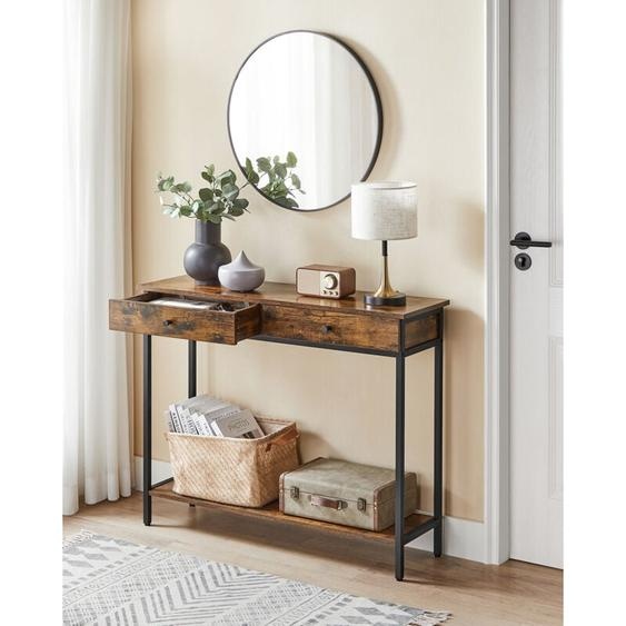 Table Console, Table dEntrée, Bout de Canapé, avec 2 Tiroirs, Cadre en Acier, pour Entrée, Chambre, Salon, Style Industriel, Marron Rustique et Noir