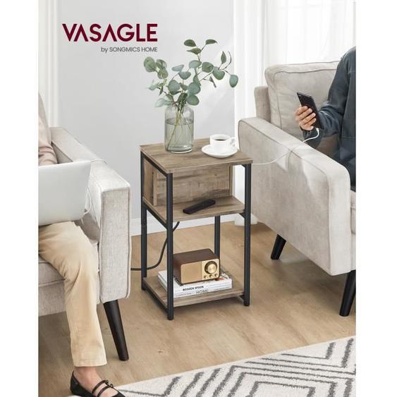 Table dAppoint, avec Multiprise, Fin, 2 Prises CA, 2 Ports USB, 30 x 34 x 58 cm, pour Salon, Chambre, Marron Camel et Noir