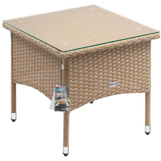 Table d’appoint en polyrotin crème Table basse 50x50x45cm avec plaque en verre Petite table de jardin en résine tressée