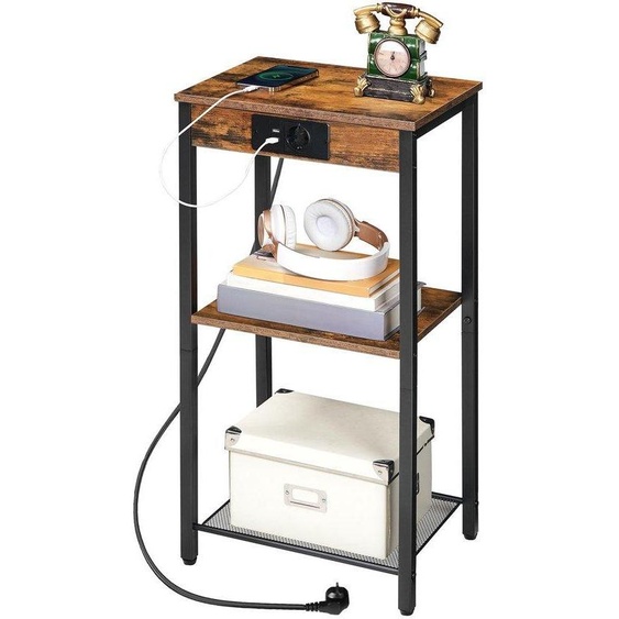 Table dappoint Ibenzoa® avec station de charge intégrée (1 prise secteur + 2 ports USB, câble de 1,5 m) – 3 niveaux, 38x28x75,5 cm, couleur marron/noir rustique, en panneaux de particules et métal