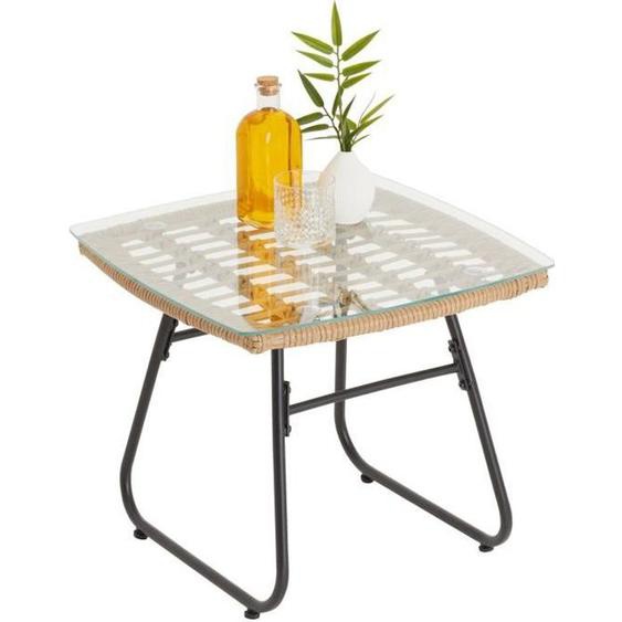 Table dappoint pour jardin - IDIMEX - COSTA - Plateau en verre et imitation rotin - Piètement en acier noir