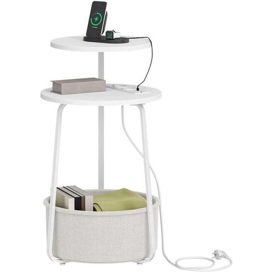 Table dappoint ronde, 2 niveaux, avec multiprise et panier en tissu, blanche