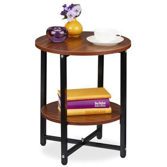 Relaxdays Table dappoint ronde, 2 niveaux, HxD : 48x40 cm, métal et MDF, rétro, vintage, universel, pratique, noir/brun