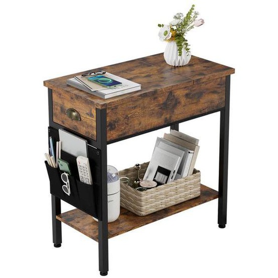 Table dappoint,Table Basse avec Pochette, Bout de Canapé, Plateau Rabattable, 60X32X60cm,Marron Rustique