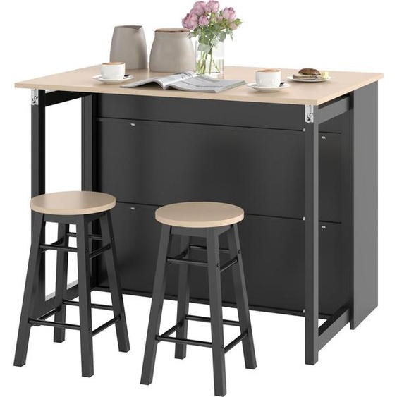 Table de bar avec tabouret de bar, Set de 3 tables de bar, Table de salle à manger avec plateau rabattable, Table de cuisine avec armoire, Ensemble de salle à manger, Salon, Noir Aosom