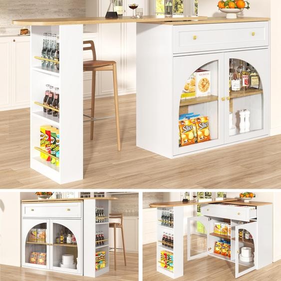Table de bar extensible (138-204 cm) avec fonction pivotante à 360°, table haute moderne avec vitrine en verre et étagère latérale à 3 niveaux, îlot de cuisine et table de bistrot, blanc