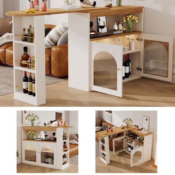 Table de bar extensible 193X39X105CM Table haute de bistrot pivotante avec rangement-avec bande lumineuse LED-moderne-blanc.
