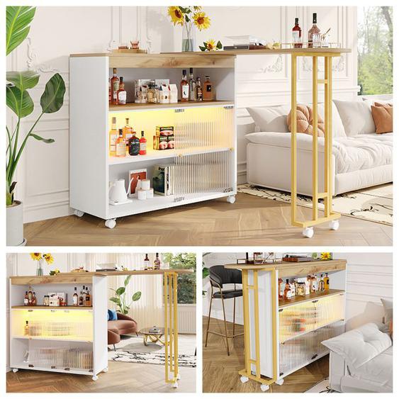 Table de bar extensible Table de bistro Table debout Table à manger avec 2 portes 1 compartiment lumière LED roulettes - blanc