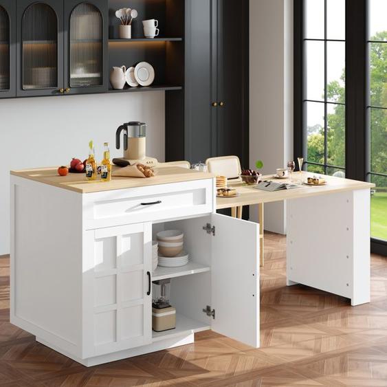 Table de bar extensible133-202×70×93,5cm avec 2 tiroirs et 4 compartiments,table pour îlot de cuisine avec étagères latérales,blanc