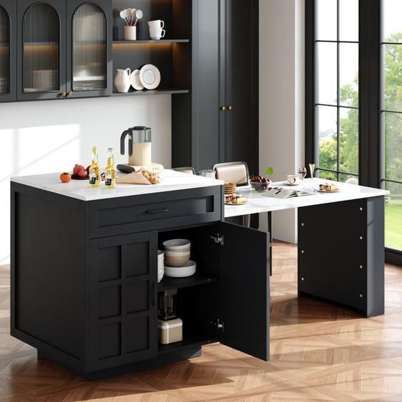 Table de bar extensible133-202×70×93,5cm avec 2 tiroirs et 4 compartiments, table pour îlot de cuisine avec étagères latérales,noir