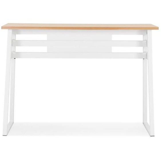 Table de bar haute MAYO en bois finition naturelle et pied en métal blanc - Dimensions : 150x60x105,5 cm