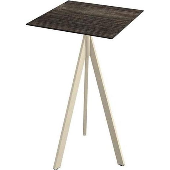 Table de bar Infinity Tripod avec structure couleur sable et plateau en stratifié haute pression (HPL) aspect bois lavé, 70 x 70 cm, 1 pièce