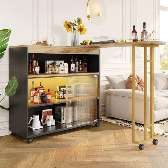 Table De Bar LED Extensible Avec Espace De Rangement,Table Haute De Cuisine Îlot Bistro Tableavec Étagères, Blanc+ Noir