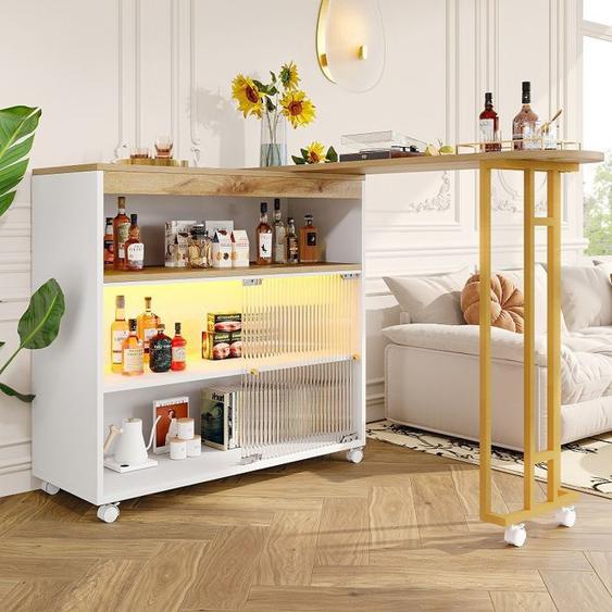 Table De Bar LED Extensible Avec Espace De Rangement,Table Haute De Cuisine Îlot Bistro Tableavec Étagères, Blanc+ Or