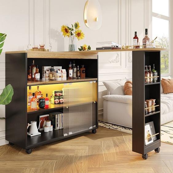 Table De Bar LED Extensible Avec Espace De Rangement,Table Haute De Cuisine Îlot Bistro Tableavec Étagères, Noir