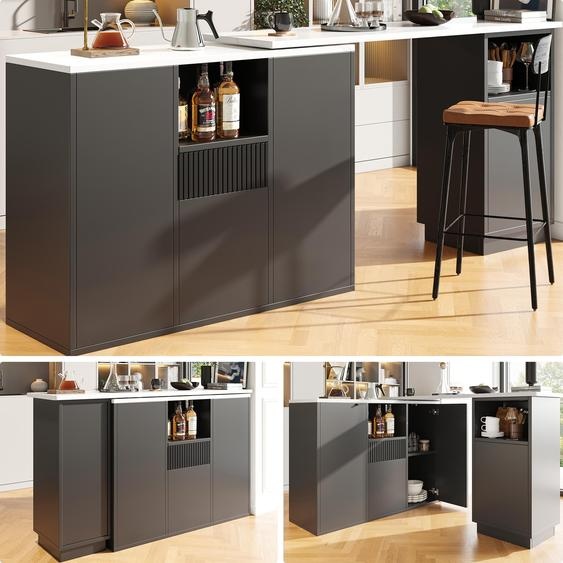 Table de bar noire pivotante à 360° (210 x 30 x 100,9 cm) avec plateau en marbre et rangement ouvert, îlot de cuisine moderne et multifonctionnel