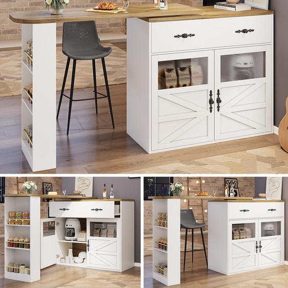 Table de bar XL pivotante à 360° et extensible (138-204 cm), comptoir de cuisine avec vitrines en acrylique et tiroir, table haute moderne et îlot de cuisine, blanc