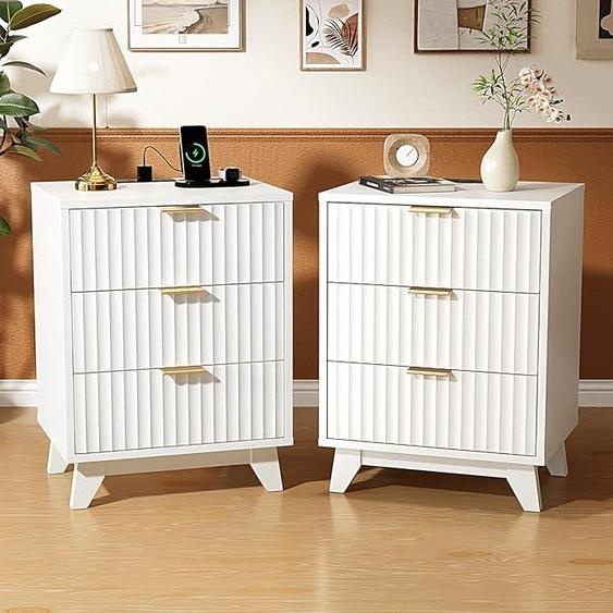 Table de chevet avec 3 tiroirs, ensemble de 2 tables de nuit avec prise électrique et port USB, portes rainurées, table de chevet pour lit à lattes, chambre à coucher, table dappoint en panneaux de particules, 45x35x60 cm, (lot de 2, blanc)
