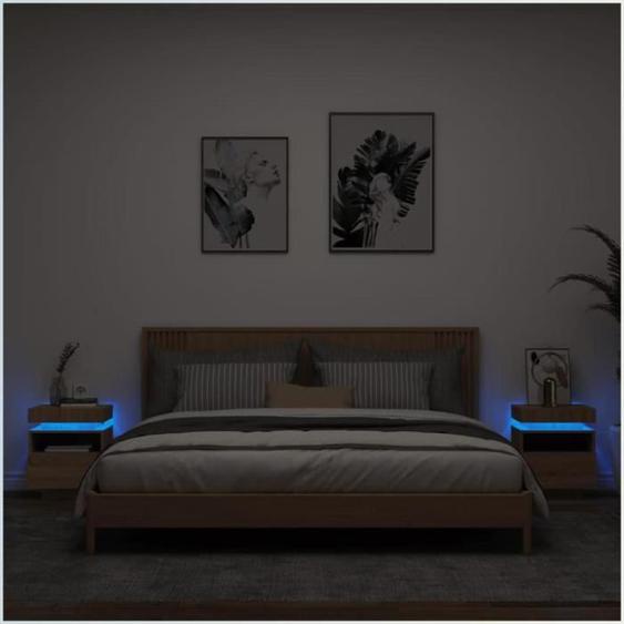 Table de chevet avec lumières LED - V GEBY - Chêne sonoma - 2 tiroirs - Bois dingénierie
