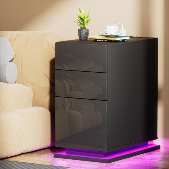 Table de Chevet avec Station de Charge et lumières LED, Table dAppoint avec avec 3 tiroirs Haute Brillance et 16 Couleurs LED