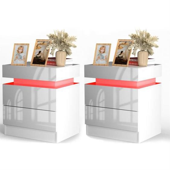 Table de Chevet DHHOZAMZ avec 2 tiroirs et éclairage LED RVB - Blanc