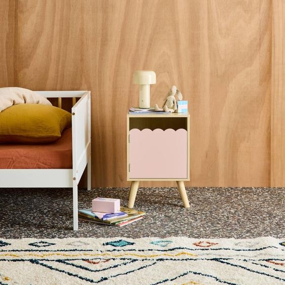 Table De Chevet Enfant Décor Bois 1 Porte, Pieds Bois De Pin - 34 X 23,5 X 52 Cm - Azur Rose