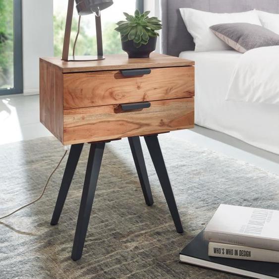 Table de Chevet - FINEBUY - Bois Massif Acacia - 2 Tiroirs - Style Industriel